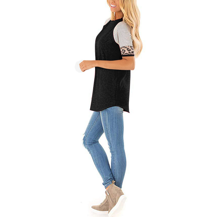 Cross-border European and American women's clothing Amazon popular summer round neck striped leopard print stitching casual short-sleeved T-shirt top for women