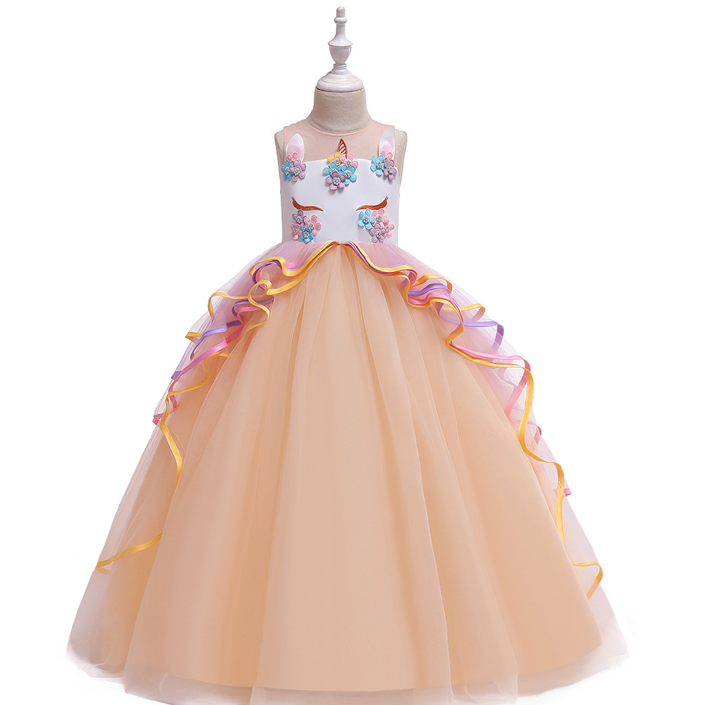 2024 Long Colorful Net Yarn Cake Puff Skirt Unicorn Princess Dress Holiday Performance Gown For Children Age 3-12