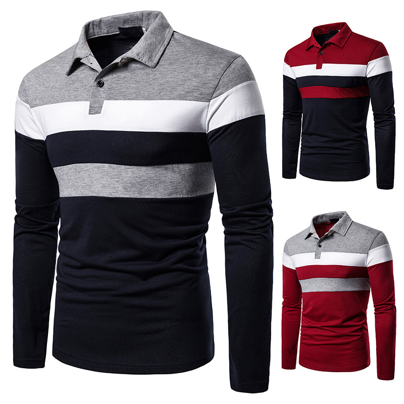 Men's POLO three-color stitching fashion design casual cross-border Men's lapel long sleeve POLO B56