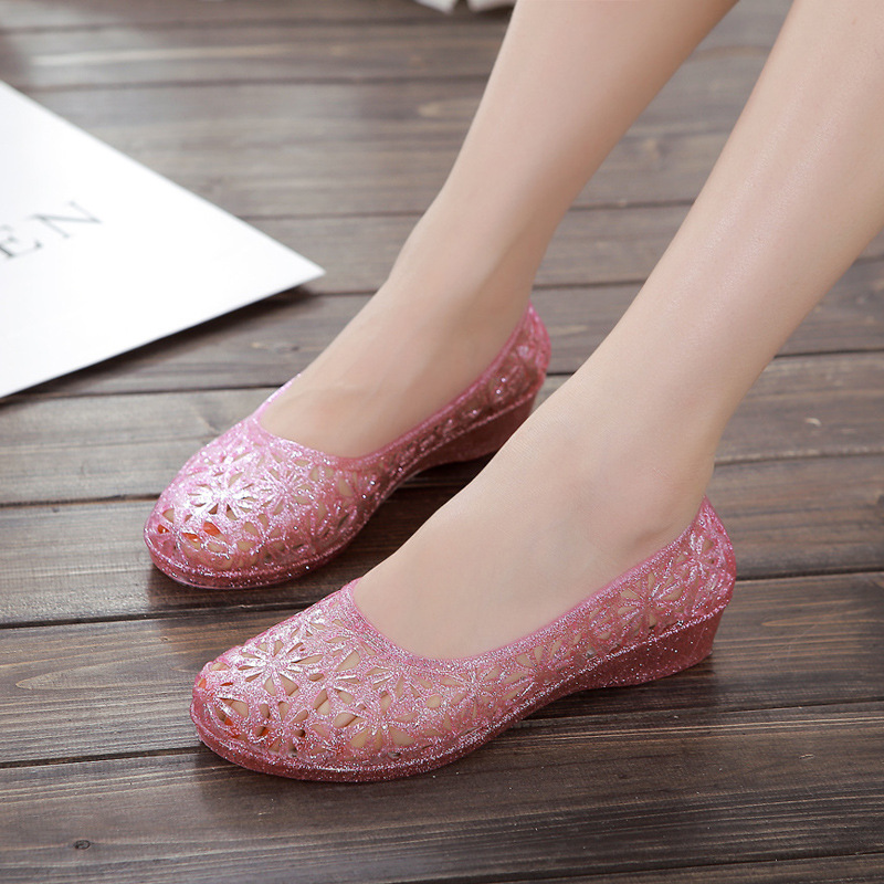 Summer New Non-slip Sandals Women's Crystal Jelly Plastic Flat Hole Hollow Bird's Nest Odor-proof Waterproof Beach Shoes