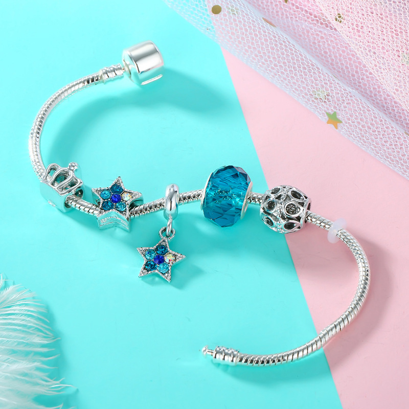 Blue Star Pendant Bracelet. Fashionable Pan's Style. Alloy Beaded Bracelet with Large Holes.