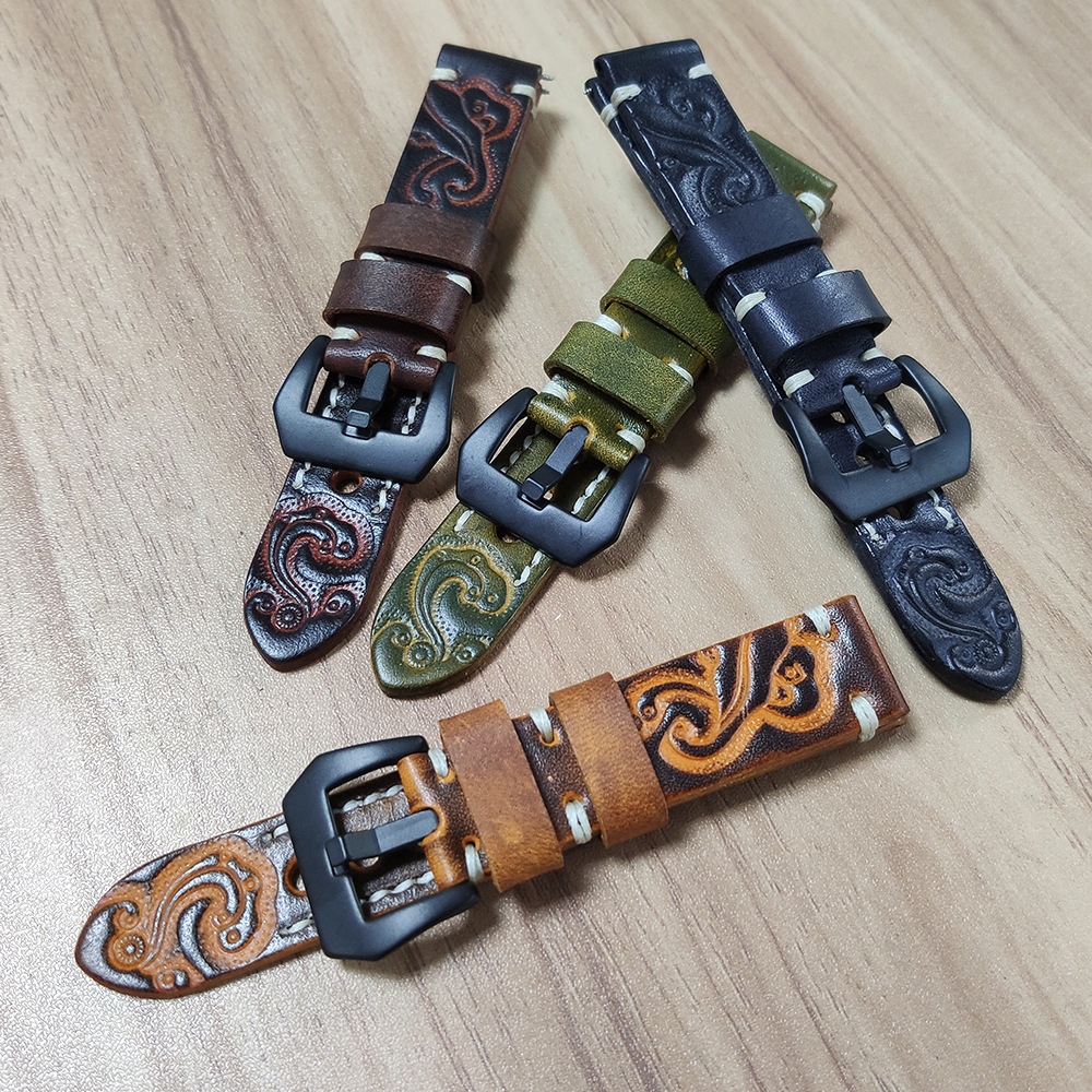 Vintage embossed watch strap handmade watch strap fat sea Black Watch strap 18 20 22mm 24mm genuine leather watch strap