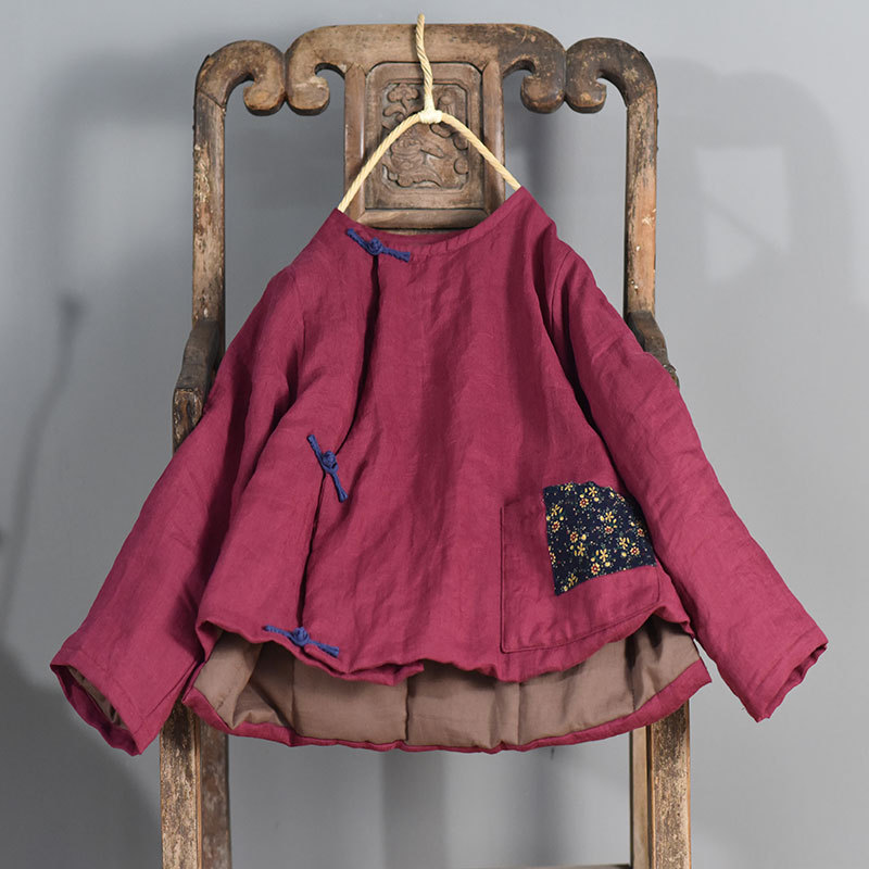 Liangchen/cotton ramie hand-made buckle cotton-padded jacket original retro biased cotton-padded jacket ultra short loose pure linen coat winter