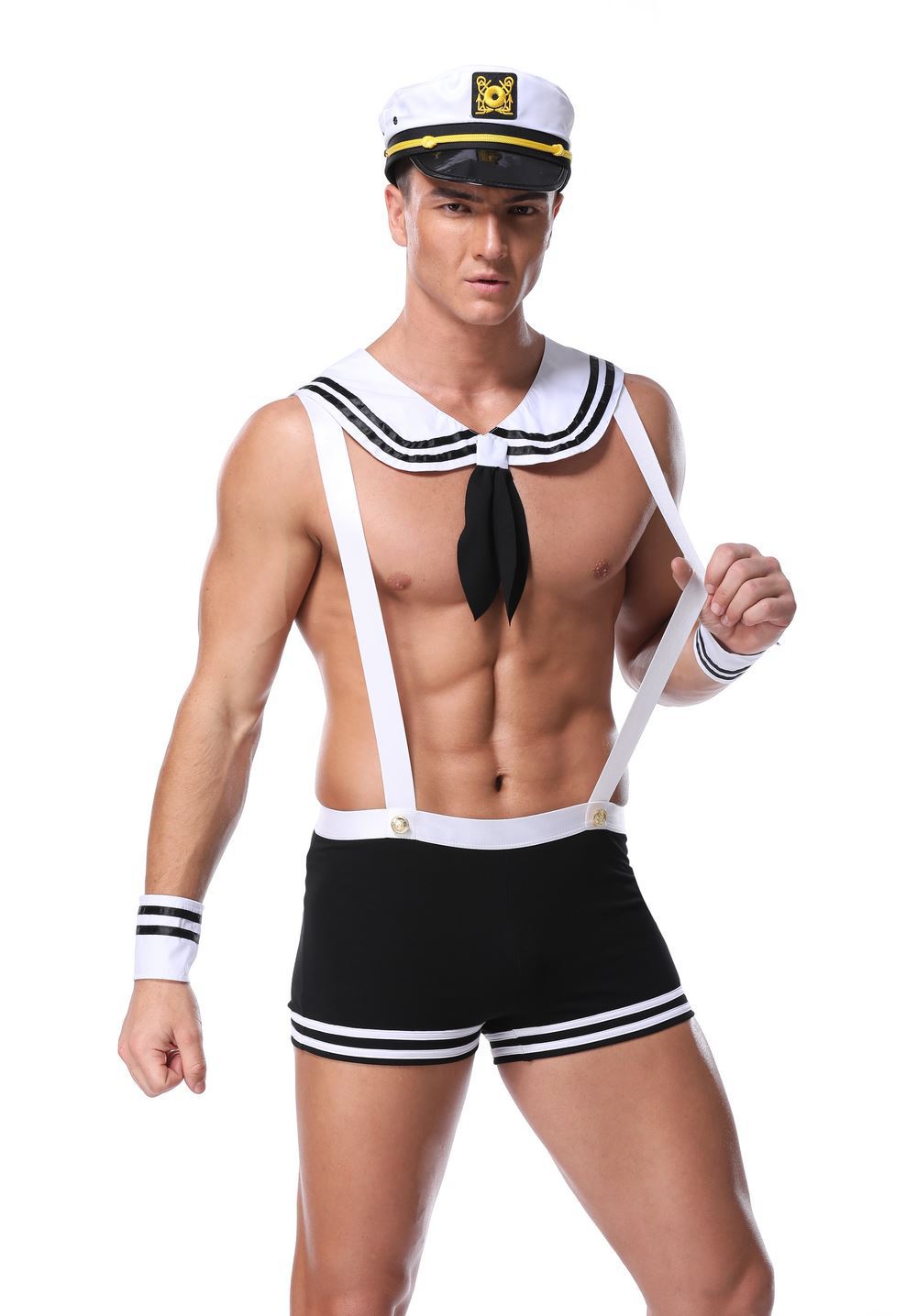European and American New Black Patent Leather Mesh Stitching Men's Sexy Underwear Set Firefighter Navy cos