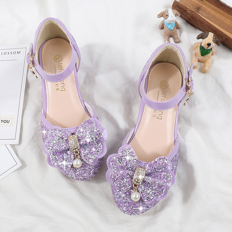 Girls High Heels Fashion Spring New Arrival Sequin Bow Shoes Children Dance Single Shoes Baotou Princess Shoes