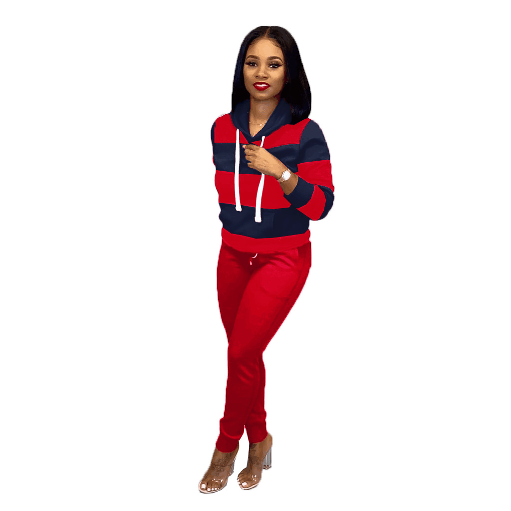 X6005 Cross-border Stripe Stitching Hooded Sweatshirt Pants Set Amazon Explosions European and American Women's Wear