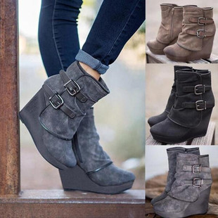 Juti wish independent station Foreign Trade women's leather boots slope heel table foreign trade large size WomenShoes manufacturers women's leather boots