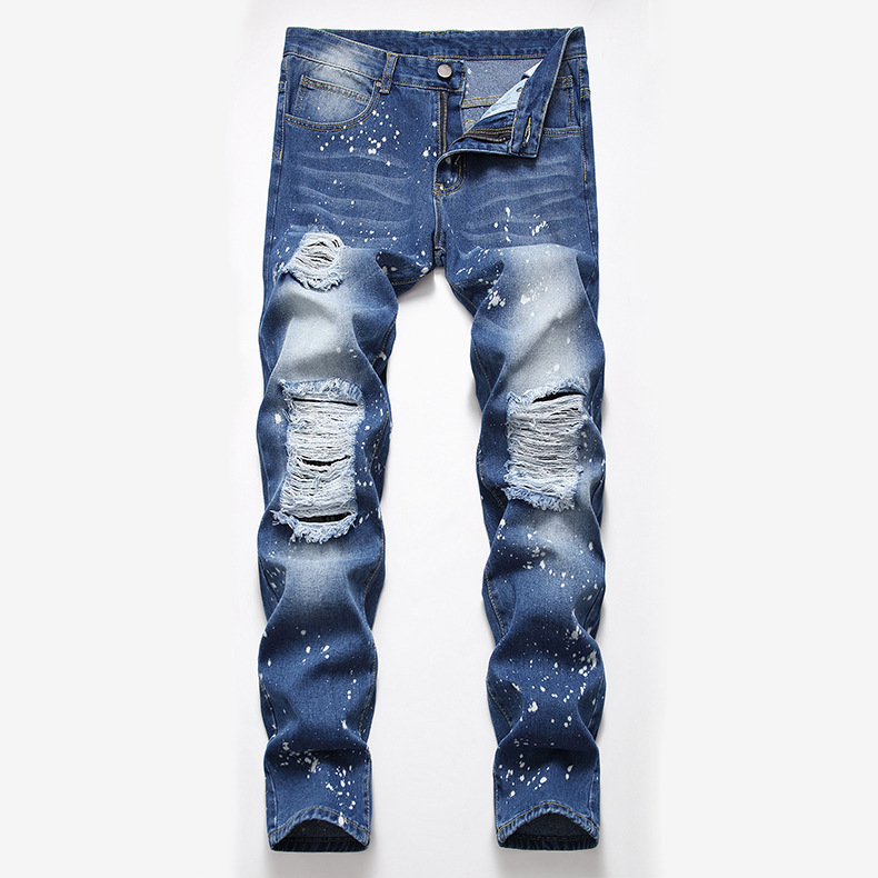 Ripped Jeans Men's 2019 New European and American Foreign Trade Summer Light Blue Large Size Washed White Straight Men's Jeans Trendy
