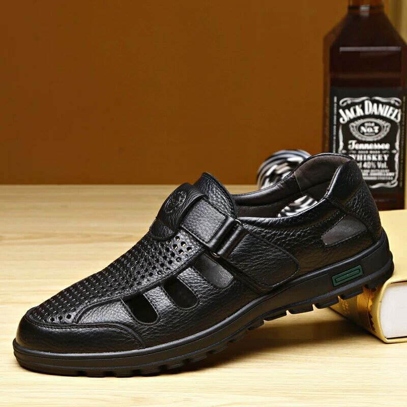 2021 Summer New Cowhide Middle-aged and Elderly Genuine Leather Casual Fashion Hollow Out Dad Soft Sole Sandals Soft Surface Anti-slip Shoes