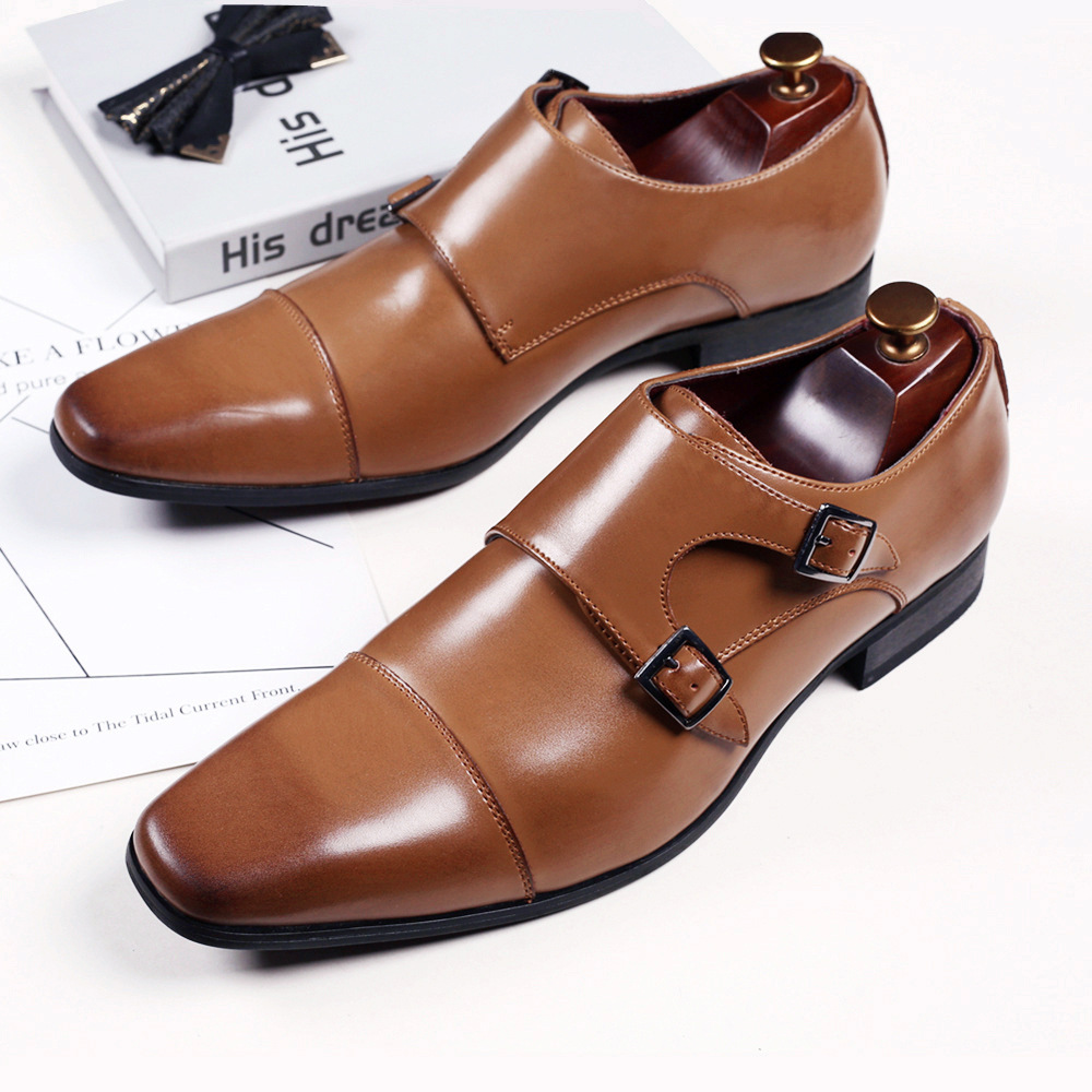 HPIOPL4010 Cross-border Business Leather Shoes Men's Square Toe Dress Shoes Casual Shoes Three-joint Mengke Buckle Leather Shoes for Men