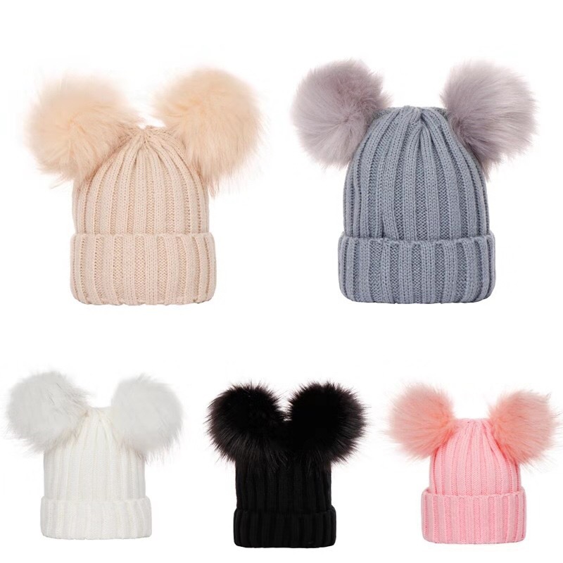 New parent cap European and American autumn and winter threaded baby cap double fur ball knitted cap cap cap cross-border
