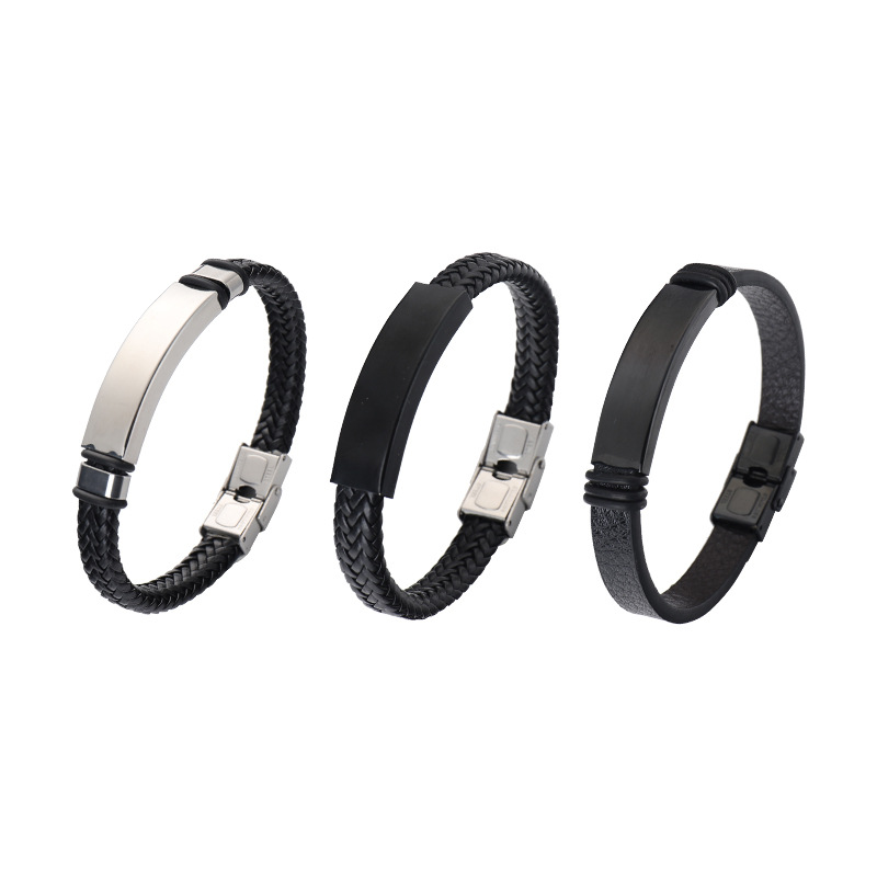 European and American electricity supplier retro leather rope woven couple bracelet stainless steel bending brand laser lettering titanium steel jewelry