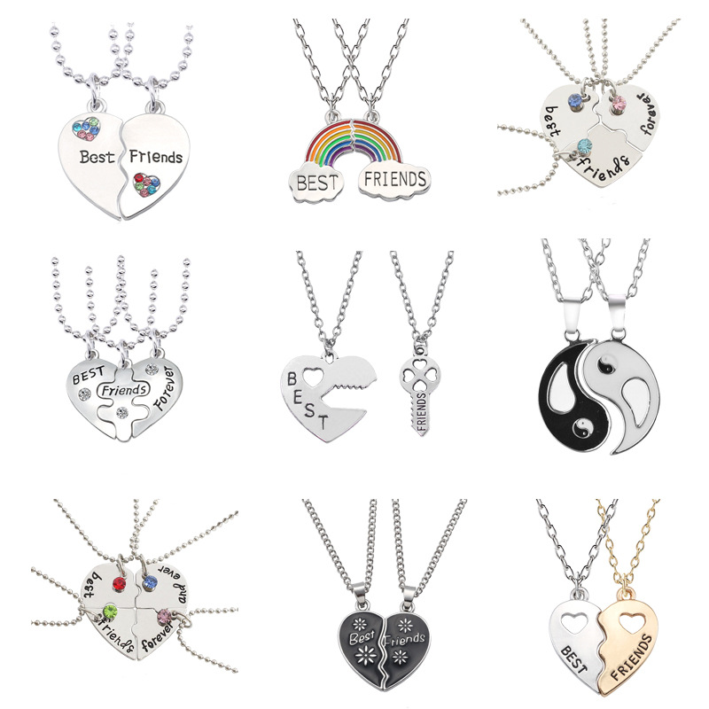 Creative good girlfriends series heart-shaped stitching ornaments good friends love necklace rhinestone pendant stitching set Wholesale