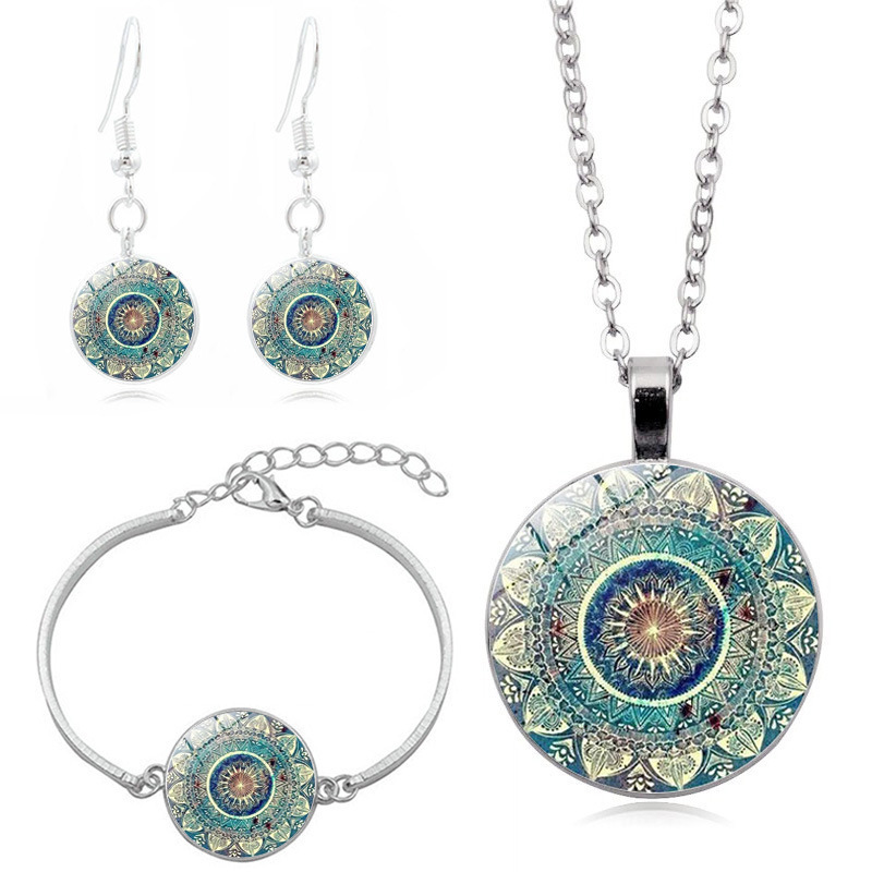 Mandala flower time gem necklace set European and American jewelry creative glass pendant bracelet earrings jewelry set