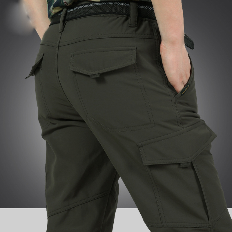 Men's quick-drying pants winter outdoor multi-pocket pants men's fleece-lined thick straight windproof pants