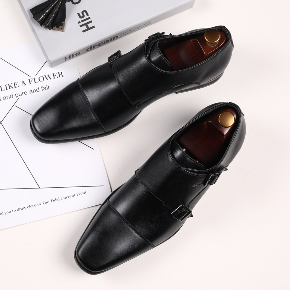 HPIOPL4010 Cross-border Business Leather Shoes Men's Square Toe Dress Shoes Casual Shoes Three-joint Mengke Buckle Leather Shoes for Men