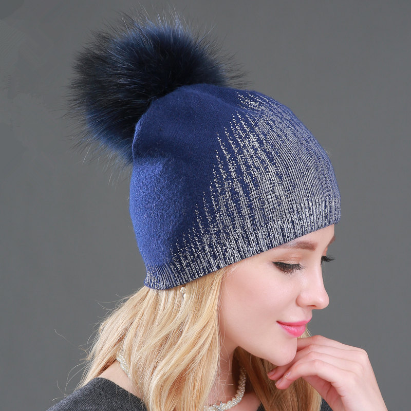 European and American Foreign Trade winter warm wool knitted hat women's gilding Silver Women's hat raccoon ball fur wool hat