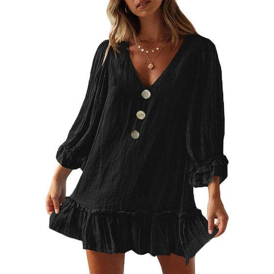 Cross-border new women's A- line skirt Amazon hot sale European and American loose long sleeve ruffled hem cotton linen dress