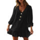 Cross-border new women's A- line skirt Amazon hot sale European and American loose long sleeve ruffled hem cotton linen dress