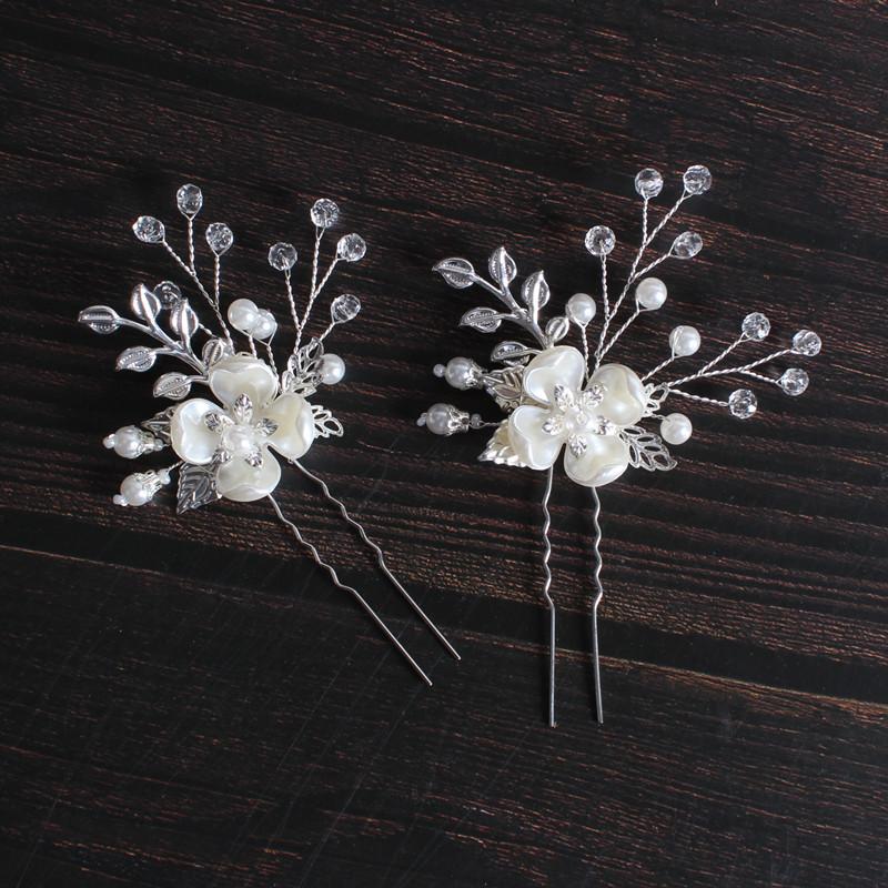 Korean style bridal headdress Pearl Flower leaf hair fork wedding accessories handmade hairpin U-shaped clip