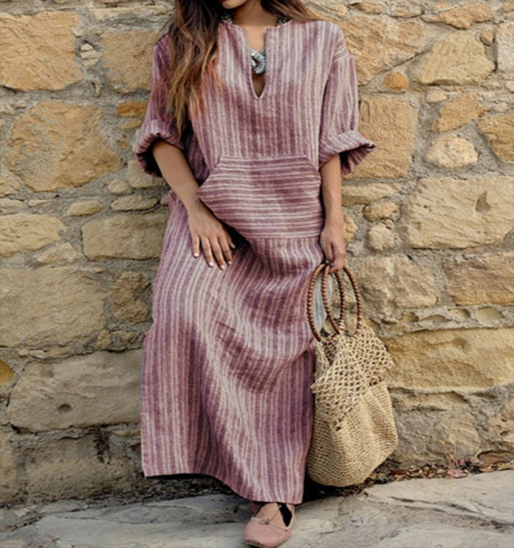 Cross-border Explosions Temu New Cotton and Linen Yarn-dyed Striped Loose Long Dress