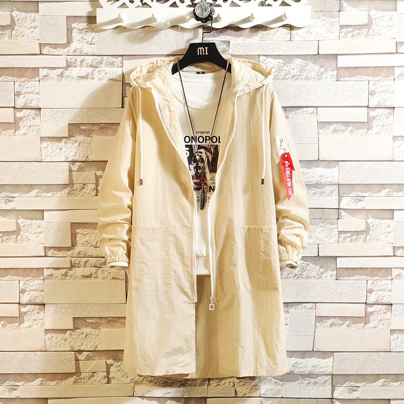 2021 Summer New Men's Hong Kong-style Loose Mid-length Hooded Sun-protective Clothing for Men Solid Color Casual Thin Windbreaker