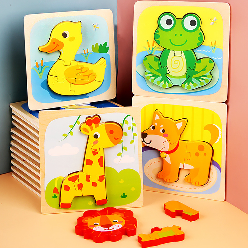 Hot selling toys wooden children cartoon Three-dimensional puzzle training concentration early education building blocks animal matching puzzle 3d