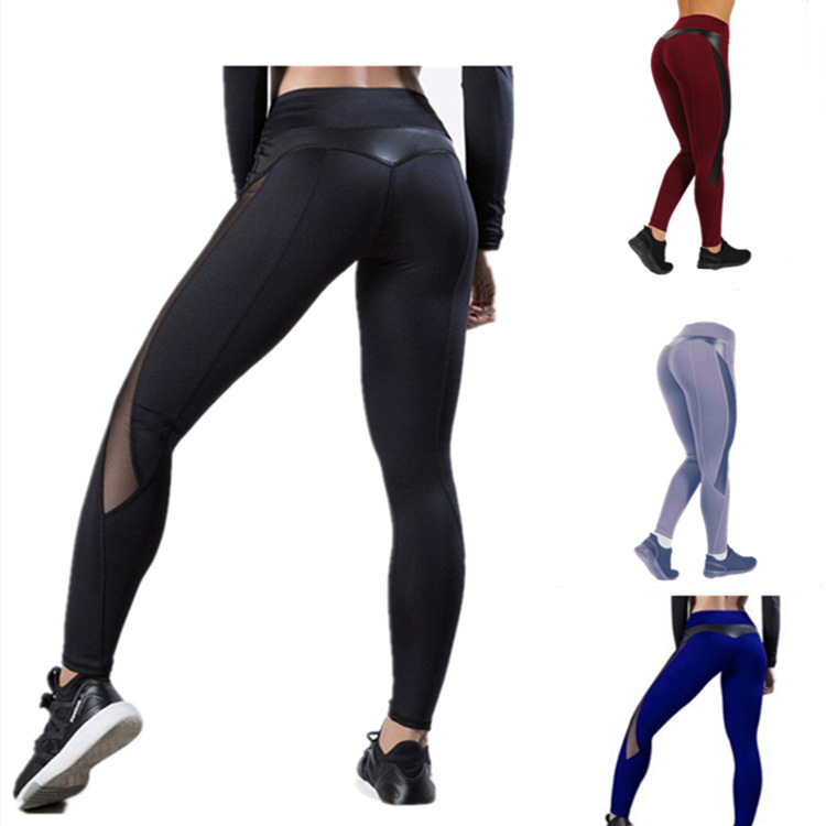 European and American Cross-border Explosions Mesh Stitching Leather Sexy Breathable Sweat-absorbent Yoga Pants Sports Fitness Leisure Leggings