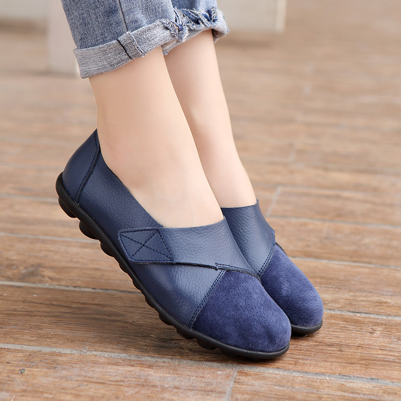 Spring Autumn Large Size Bean Bean Flats Women's Shoes Magic Tape Casual Leather Upgraded Stitching round Toe Flat Heel