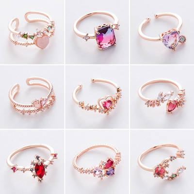 Korean new variety of micro-inlaid crystal Zircon ring sweet French elegant flower ring popular jewelry