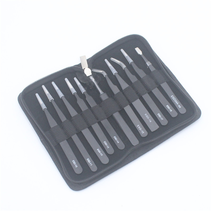 Black tweezers set leather bag cloth bag 11 piece set stainless steel tweezers ESD tweezers set