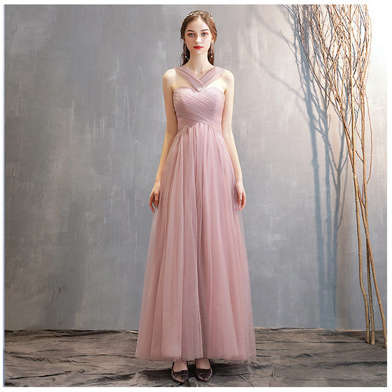 2024 New Bridesmaid Dress Women's Spring Korean Style Pink Off-shoulder Sister Group Fairy Elegant Banquet Slimming Evening Dress