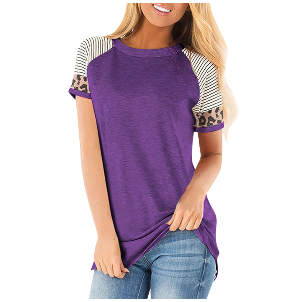 Cross-border European and American women's clothing Amazon popular summer round neck striped leopard print stitching casual short-sleeved T-shirt top for women