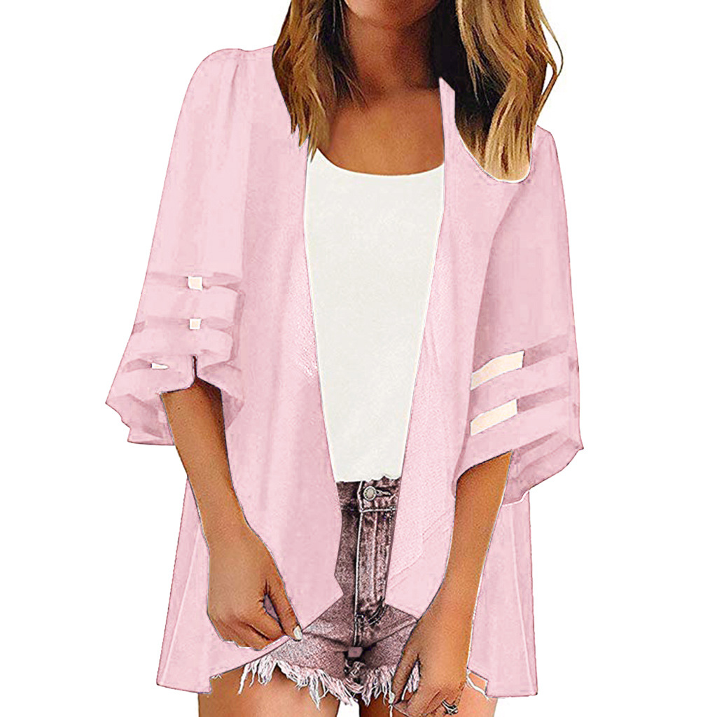 Amazon wish European and American printed sunscreen shirt kimono mesh stitching shawl sunscreen blouse seaside beach suit