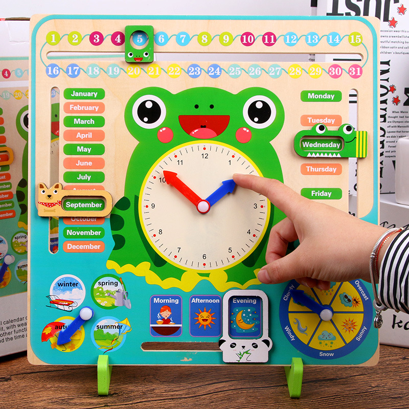 Cross-border Children's Wooden Frog Multifunctional Early Education Educational Calendar Clock Alarm Clock Cognitive Baby Kindergarten Toy