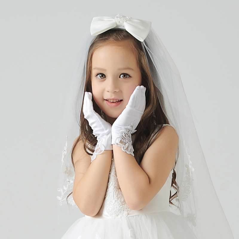 Children's White Lace Gloves Flower Children's Wedding Dress Performance Embroidered Halloween Christmas Girls Short Gloves