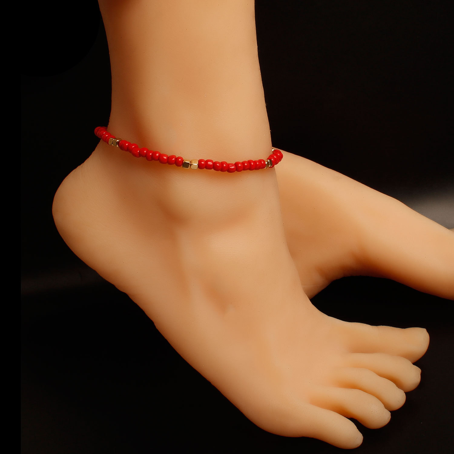 European and American Cross-border Jewelry New Golden Bead Beach Anklet Women's Fashion Handmade Threading Square Alloy Foot Ornaments