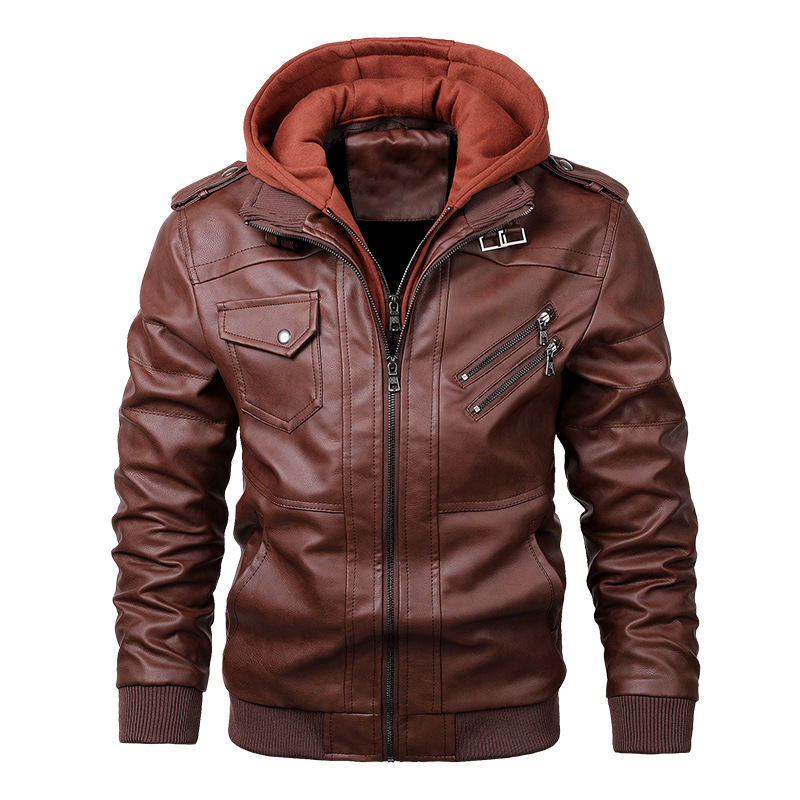 Factory direct autumn and winter men's detachable knitted hooded PU leather jacket large size casual all-match trendy leather jacket