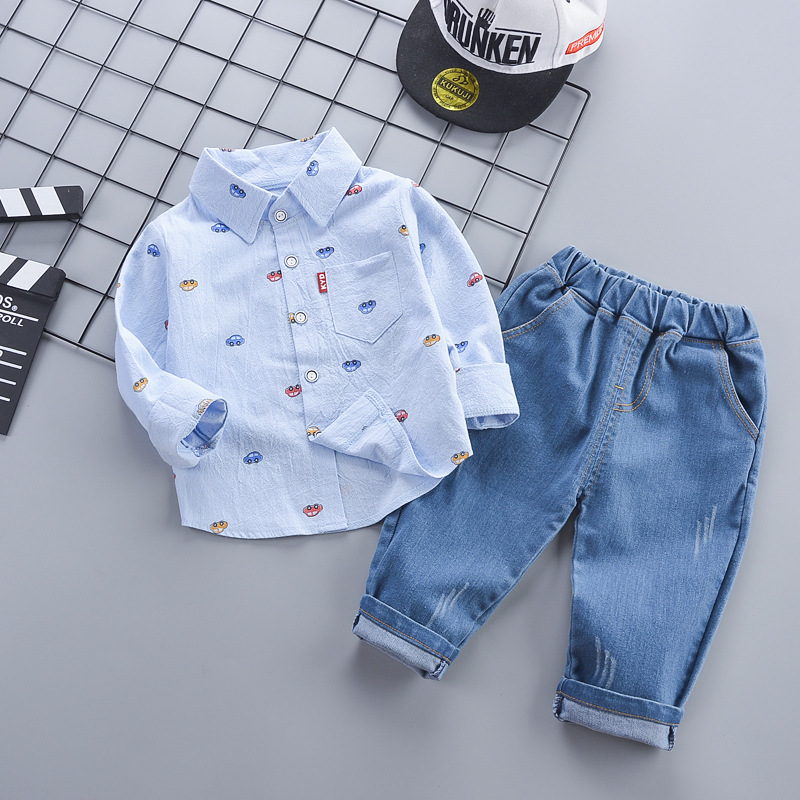 Children's Casual Shirt Two-Piece Set Autumn Fashion Korean Style Boy's Outfit Soft Cotton Long Sleeve Animal Cartoon Print