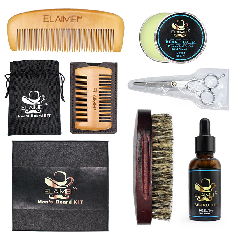 Elaimei new beard care suit men's beard repair suit Hu ointment comb bristle 6-piece set
