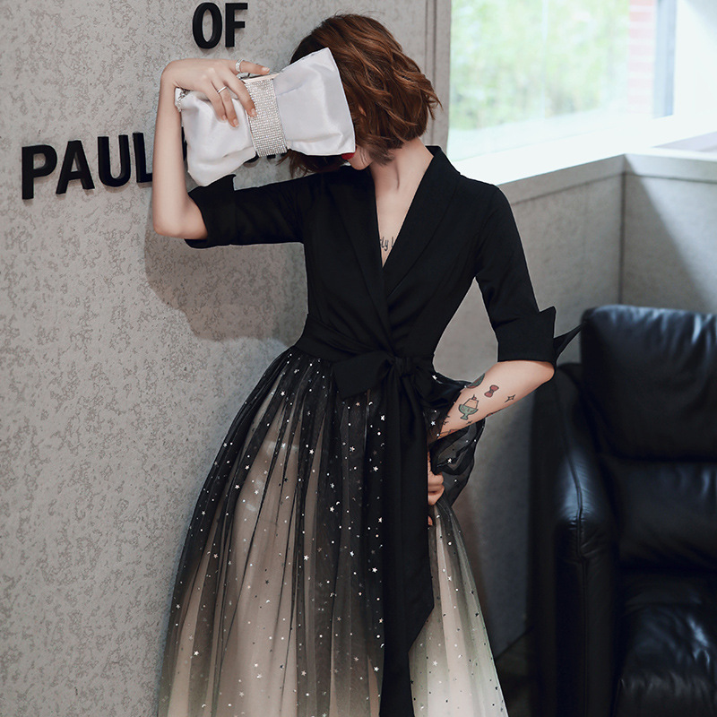 Evening Dress Women's 2022 New Banquet Fairy Fantasy Mori Black Gradient Long Host Evening Dress