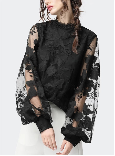 2020 new European and American foreign trade Women's Amazon lace bubble sleeve transparent round neck solid color top shirt