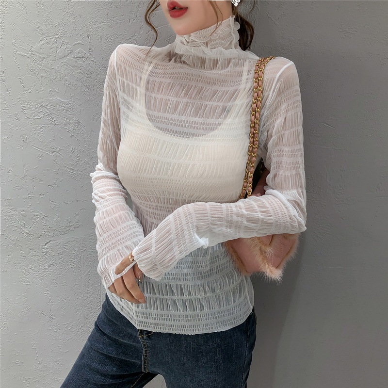 Gentle Style Thin Pleated Mesh Autumn and Winter New Style Lace Base Shirt Bubble High Neck Lace Top