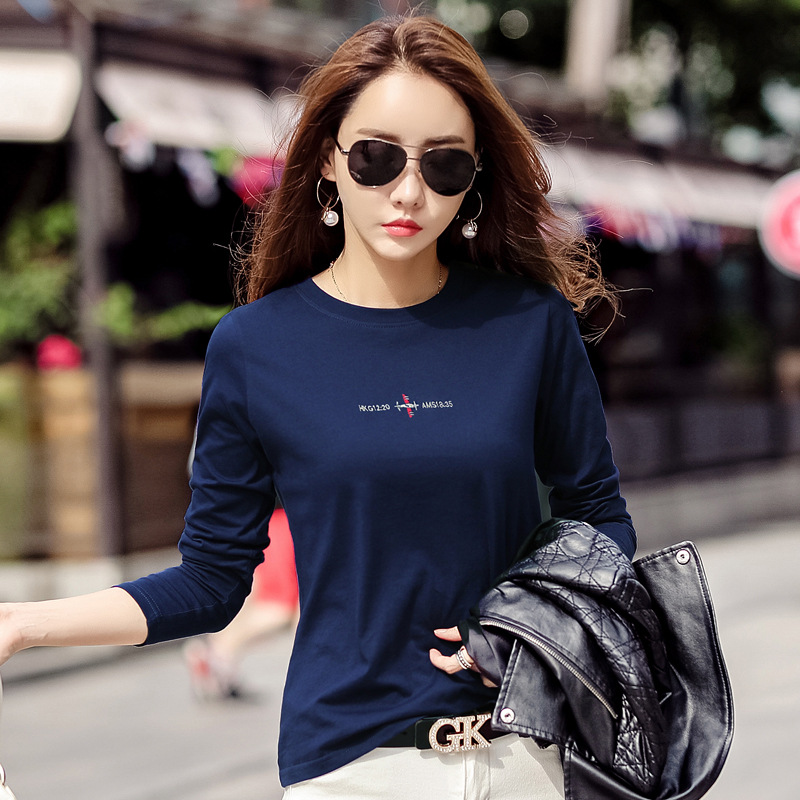 242 New Round Neck Base Shirt Women's Embroidered Long Sleeve Embroidered Cotton Basic Style Spring and Autumn Trendy INS T-Shirt