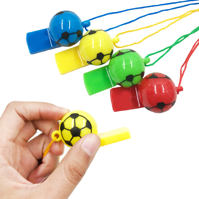 Hot selling sporting goods wholesale children with rope plastic football whistle World Cup football referee whistle send rope