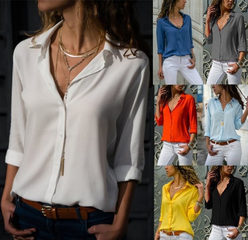 European and American women's clothing AliExpress eBay Amazon popular long-sleeved women's lapel button shirt top 88025