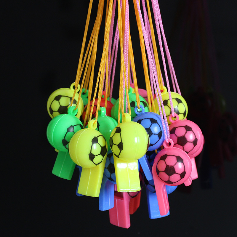 Hot selling sporting goods wholesale children with rope plastic football whistle World Cup football referee whistle send rope