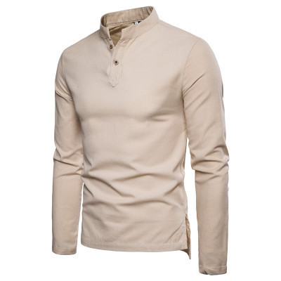 2019 New Spring Men's Casual Slim-fit Standing Collar Color Long Sleeve Linen Shirt Men's Color Base Shirt