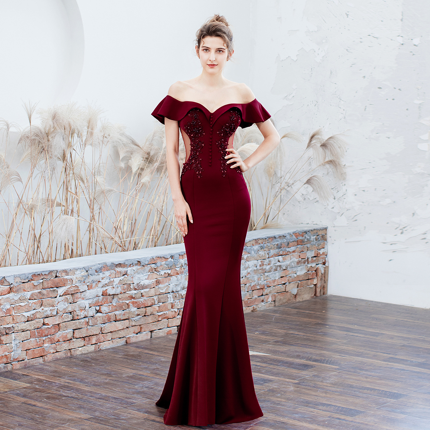 16268# Toast Dress Bride Long Red Off-shoulder Appreciation Banquet Slim Fishtail Dress Wedding Evening Dress for Women