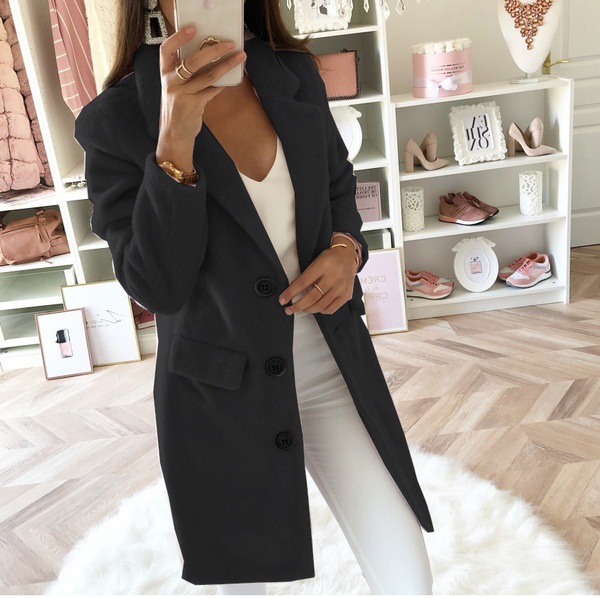 2019ebay AliExpress wish Autumn and Winter Solid Color Suit Collar Mid-Length Double Breasted Woolen Coat for Women